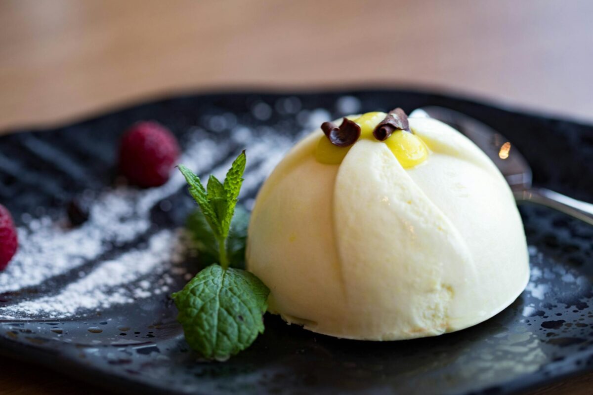 plate of dessert on brown surface